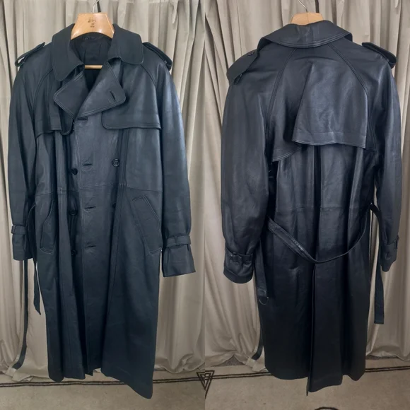 Vintage Black Genuine Leather Double Breasted Trench Coat - Picture 5 of 8
